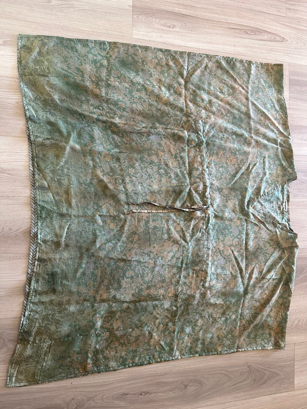 Darn Good Yarn Recycled Silk Sari Kaftan Dress Green Floral Drawstring Regular